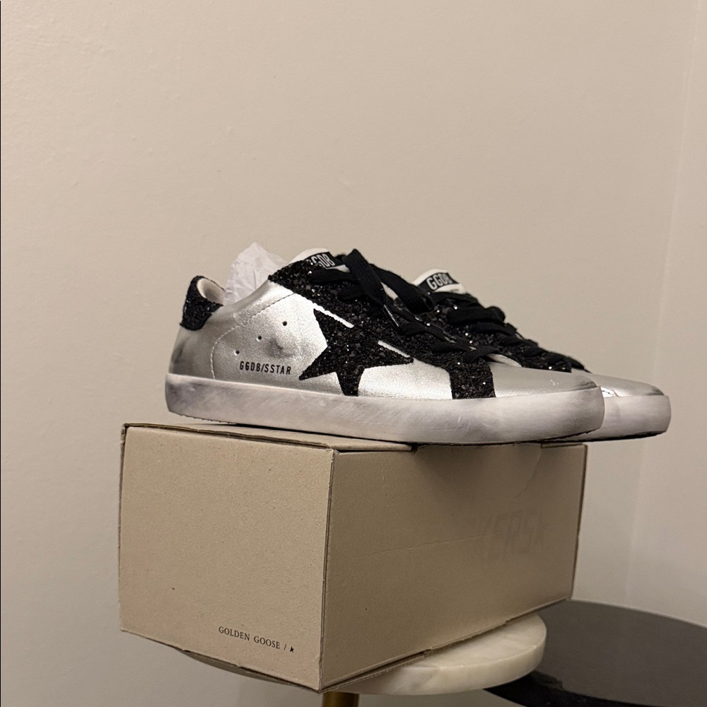 Golden Goose Metallic Silver Sneakers with Black Star